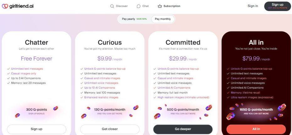 Prețuri Girlfriend AI